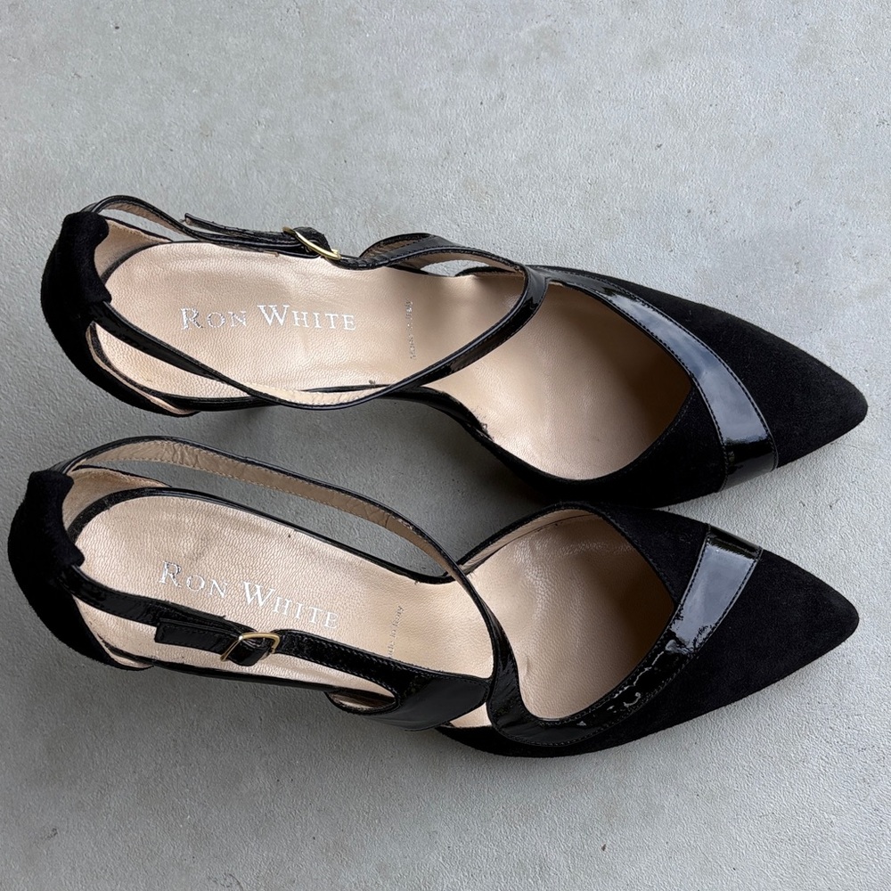 EUC RON WHITE strappy suede/patent heels